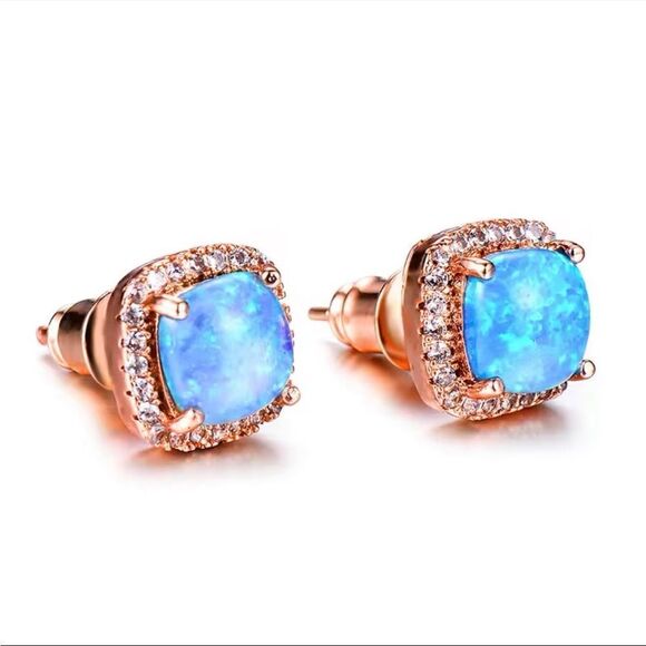 Blue Opal Rose Gold Diamond CZ Embellished Earrings Luxury New In Gift Box - Picture 5 of 5